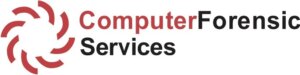 red circle composed of ten red curved lines not touching one another to the left of red text reading "computer" followed by black text reading "forensic services" logo