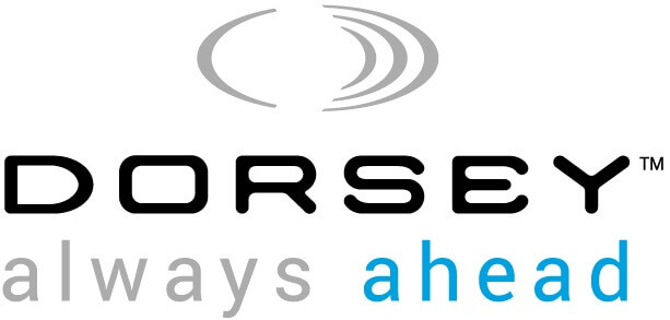 four semicircular lines forming an open gray circle above black text reading "DORSEY" above gray and blue text reading "always ahead" logo