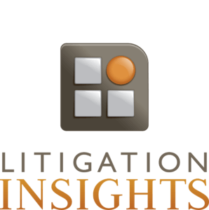 brown/gray square with three gray squares and one orange circle inside above gray text reading "litigation" above orange text reading "insights" logo