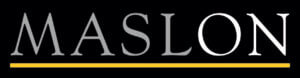 gray and white letters "MASLON" underlined in yellow on a black background logo