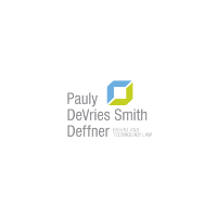 gray text in four lines reading "pauly devries smith deffner" to the left of a square comprised of a blue and green V logo