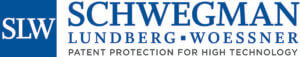 blue square with SLW written in white to the left of a large blue text schwegman above smaller blue lundberg-woessner above small black text reading patent protection for high technology logo