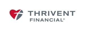 red and gray heart with Christian cross in the middle next to gray text reading "thrivent financial" logo