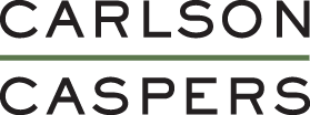 black sens serif text in two stacked lines separated by a green line reading "CARLSON CASPERS" logo