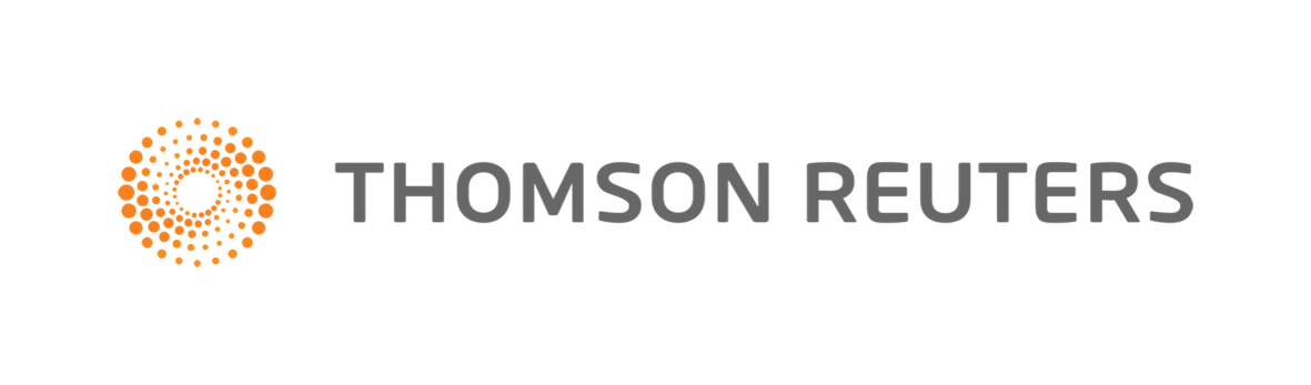 two orange semicircles made of varying size orange dots in a round formation to the left of gray sans serif text that reads "THOMSON REUTERS" logo