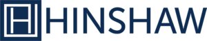 dark blue square containing an abstract "H" with a border to the left of dark blue sans serif text reading "HINSHAW" logo