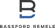 large capital letter B in a dark blue sans serif font with the bottom half of the bottom section divided and lighter blue above dark blue sans serif text reading BASSFORD REMELE