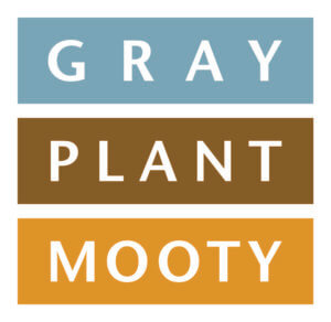 three rectangles stacked with blue on top of brown on top of orange containing one word in white sans serif text each reading "GRAY PLANT MOOTY"