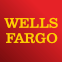 red square with dark gradient from bottom left corner containing yellow serif text in two lines reading "WELLS FARGO"