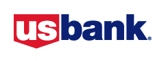 red shield shape containing lowercase white block letters reading US to the left of dark blue block letters reading bank logo